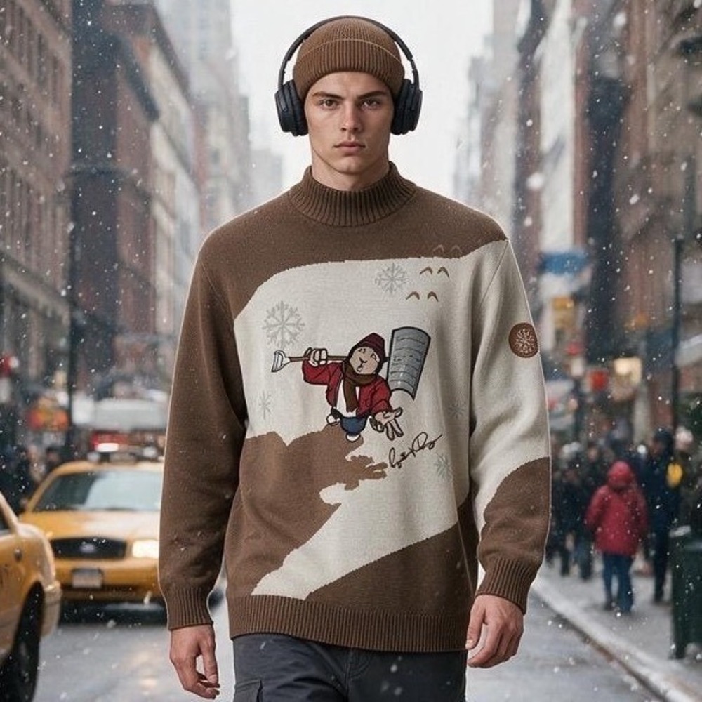 Reynolds & Perry Mens Mock Neck Graphic Sweater Brown Snow Shovel Large RP55